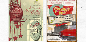 Posters designed for Downtown Development District's  Starry November Night and Hot August Night artwalk.